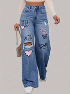 Dames Jeans met Hart- en Graffiti Print – Comfortabele Spijkerbroek 1