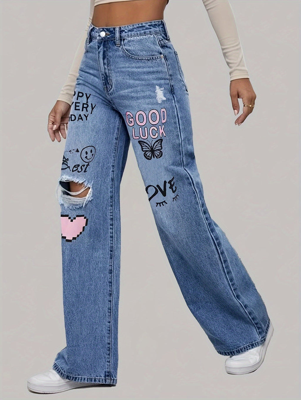 Dames Jeans met Hart- en Graffiti Print – Comfortabele Spijkerbroek 2