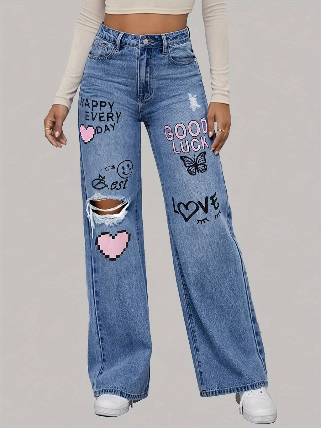 Dames Jeans met Hart- en Graffiti Print – Comfortabele Spijkerbroek 3
