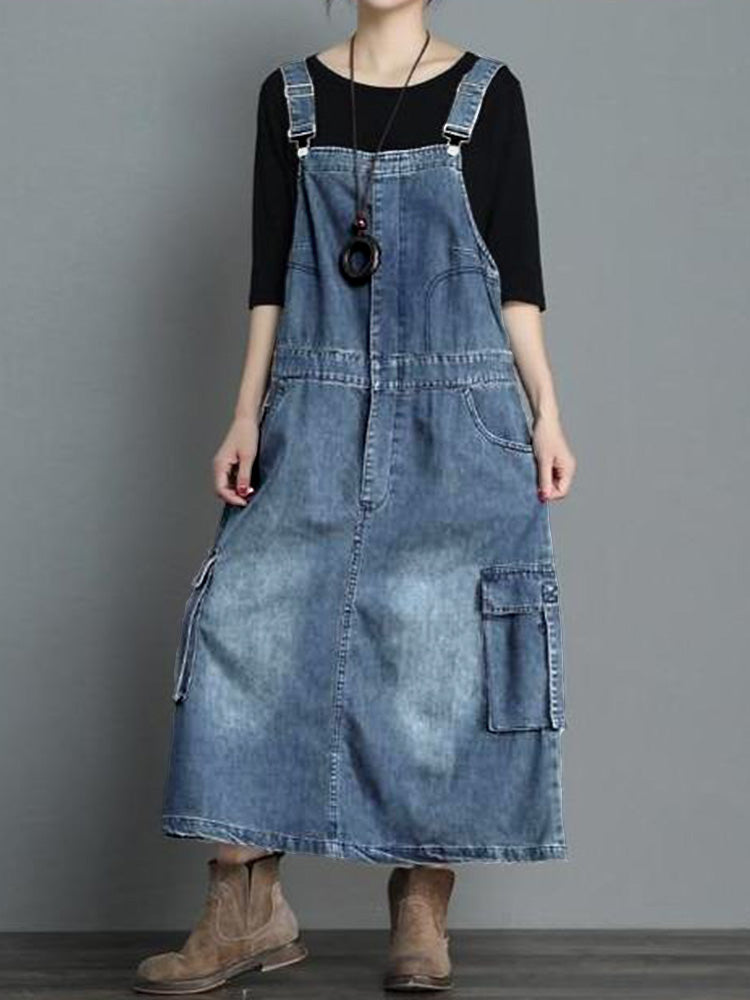 Dames Jurk Denim Maxi Losse Pasvorm met Verstelbare Schouderbanden 0
