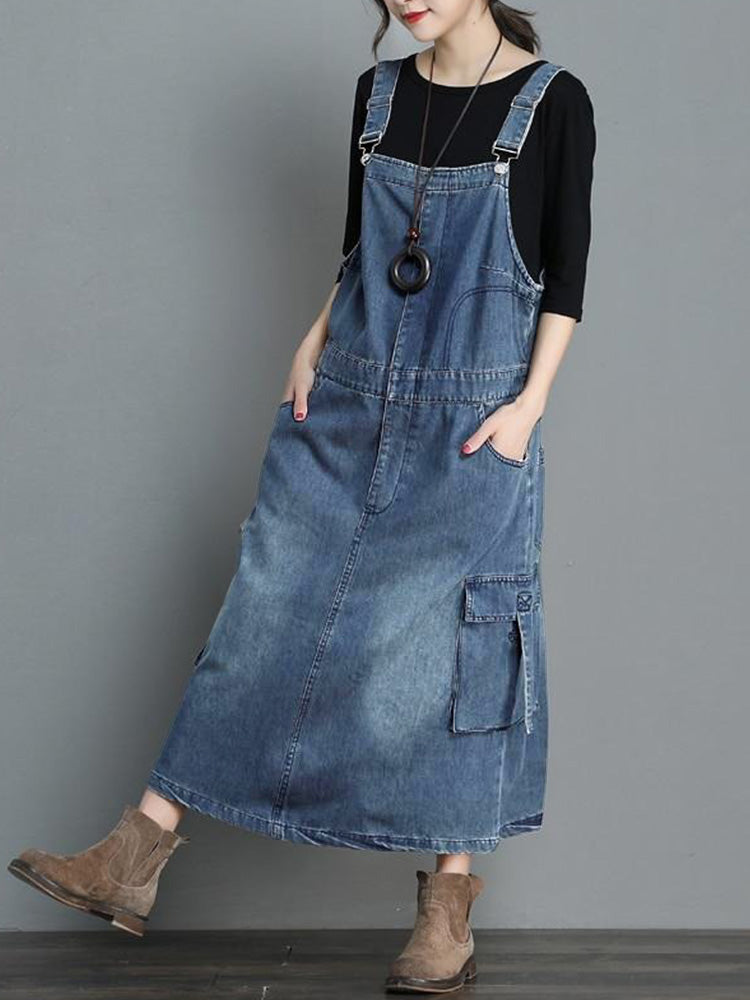 Dames Jurk Denim Maxi Losse Pasvorm met Verstelbare Schouderbanden 1