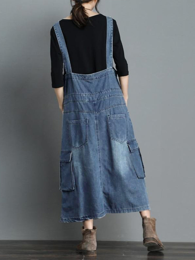 Dames Jurk Denim Maxi Losse Pasvorm met Verstelbare Schouderbanden 2