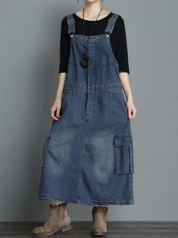 Dames Jurk Denim Maxi Losse Pasvorm met Verstelbare Schouderbanden 3