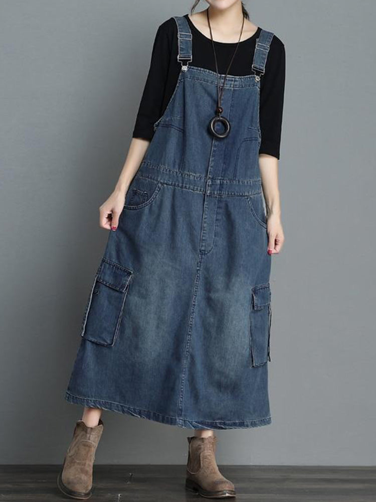 Dames Jurk Denim Maxi Losse Pasvorm met Verstelbare Schouderbanden 4