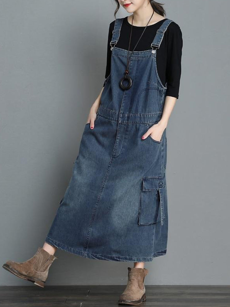 Dames Jurk Denim Maxi Losse Pasvorm met Verstelbare Schouderbanden 5