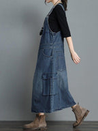 Dames Jurk Denim Maxi Losse Pasvorm met Verstelbare Schouderbanden 6