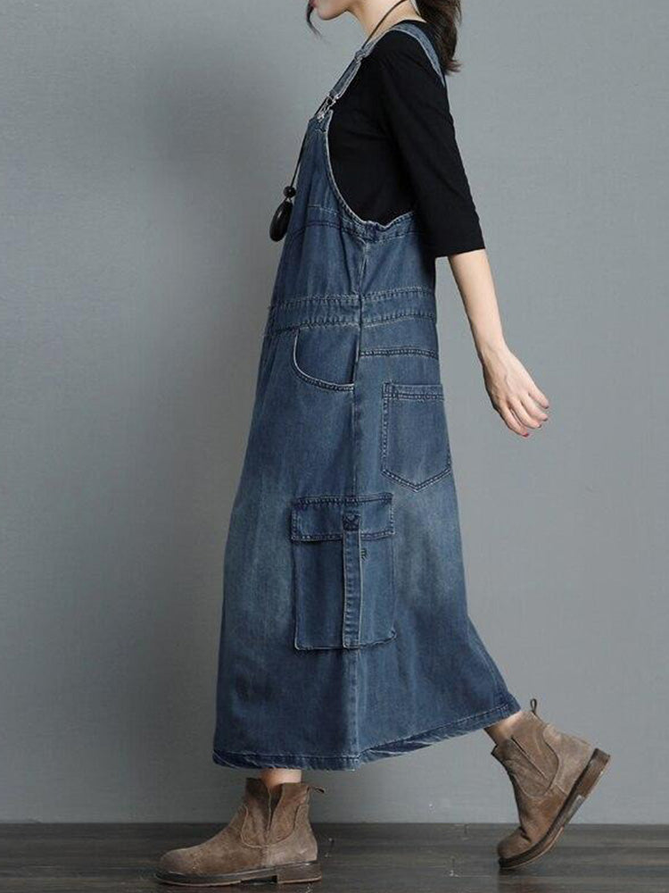 Dames Jurk Denim Maxi Losse Pasvorm met Verstelbare Schouderbanden 6
