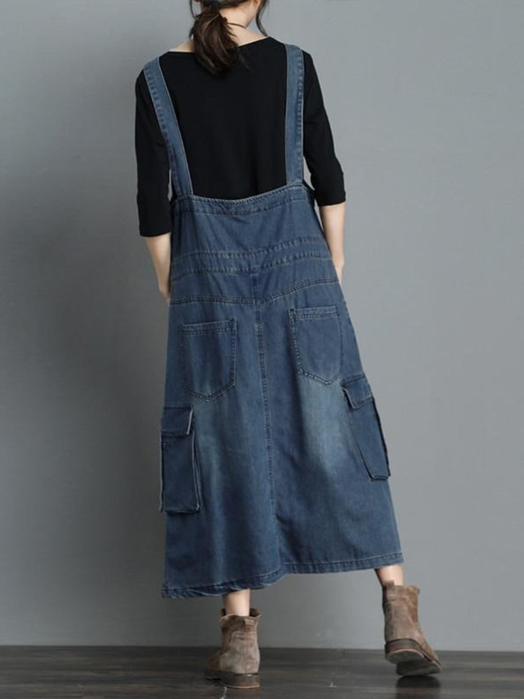 Dames Jurk Denim Maxi Losse Pasvorm met Verstelbare Schouderbanden 7
