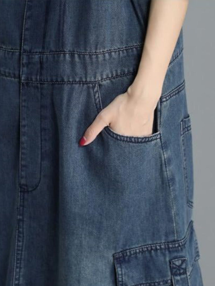 Dames Jurk Denim Maxi Losse Pasvorm met Verstelbare Schouderbanden 8