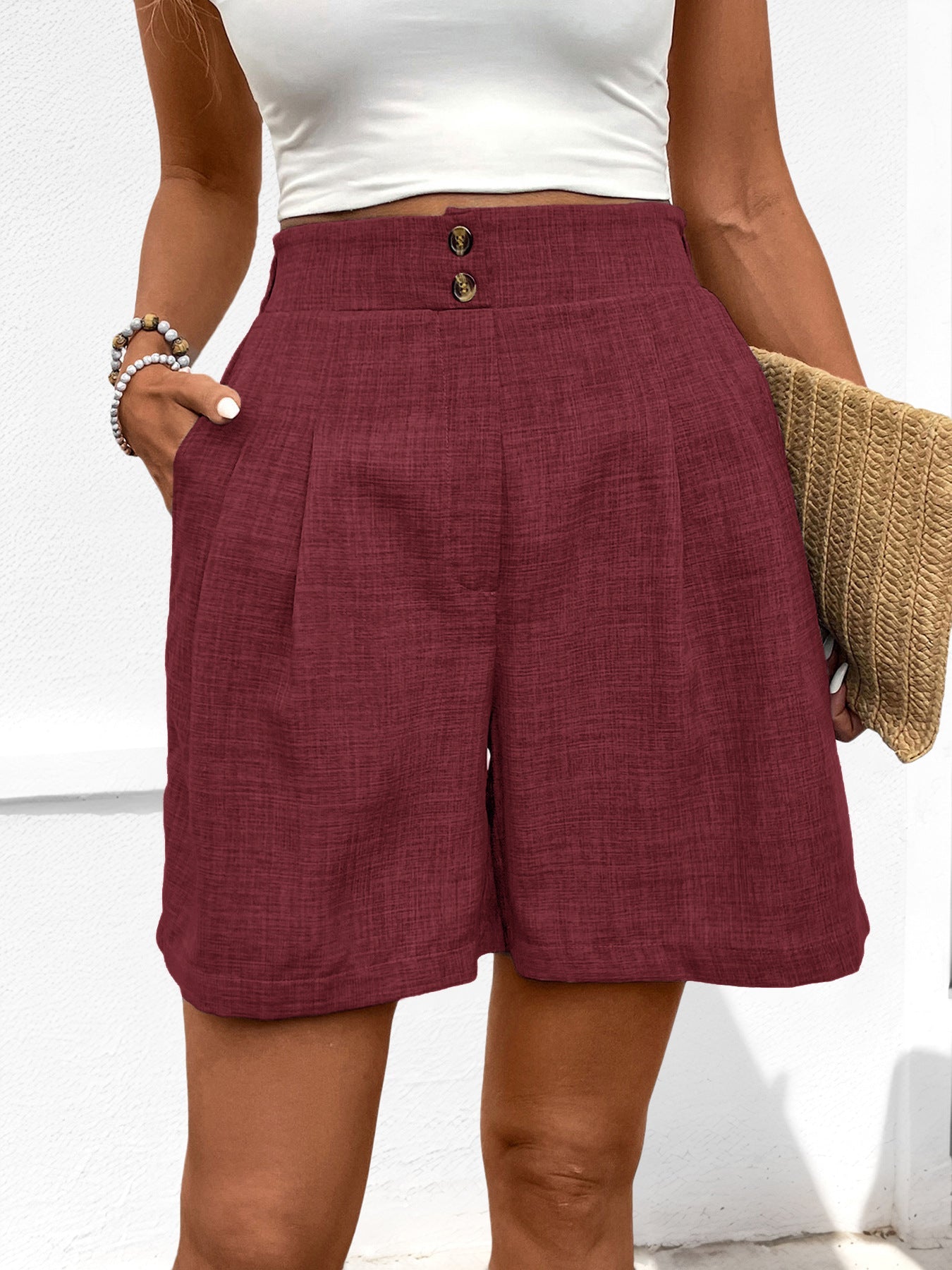 Dames Korte Broek Hoge Taille Lichtgewicht Geweven Stof 3