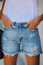 Dames Korte Spijkerbroek Denim met Rips en Fringes 0