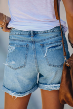 Dames Korte Spijkerbroek Denim met Rips en Fringes 3