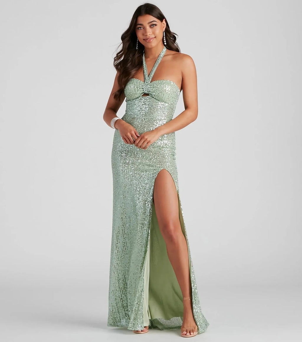 Dames Lange Avondjurk Sequin Halter Nek met Hoge Split 0