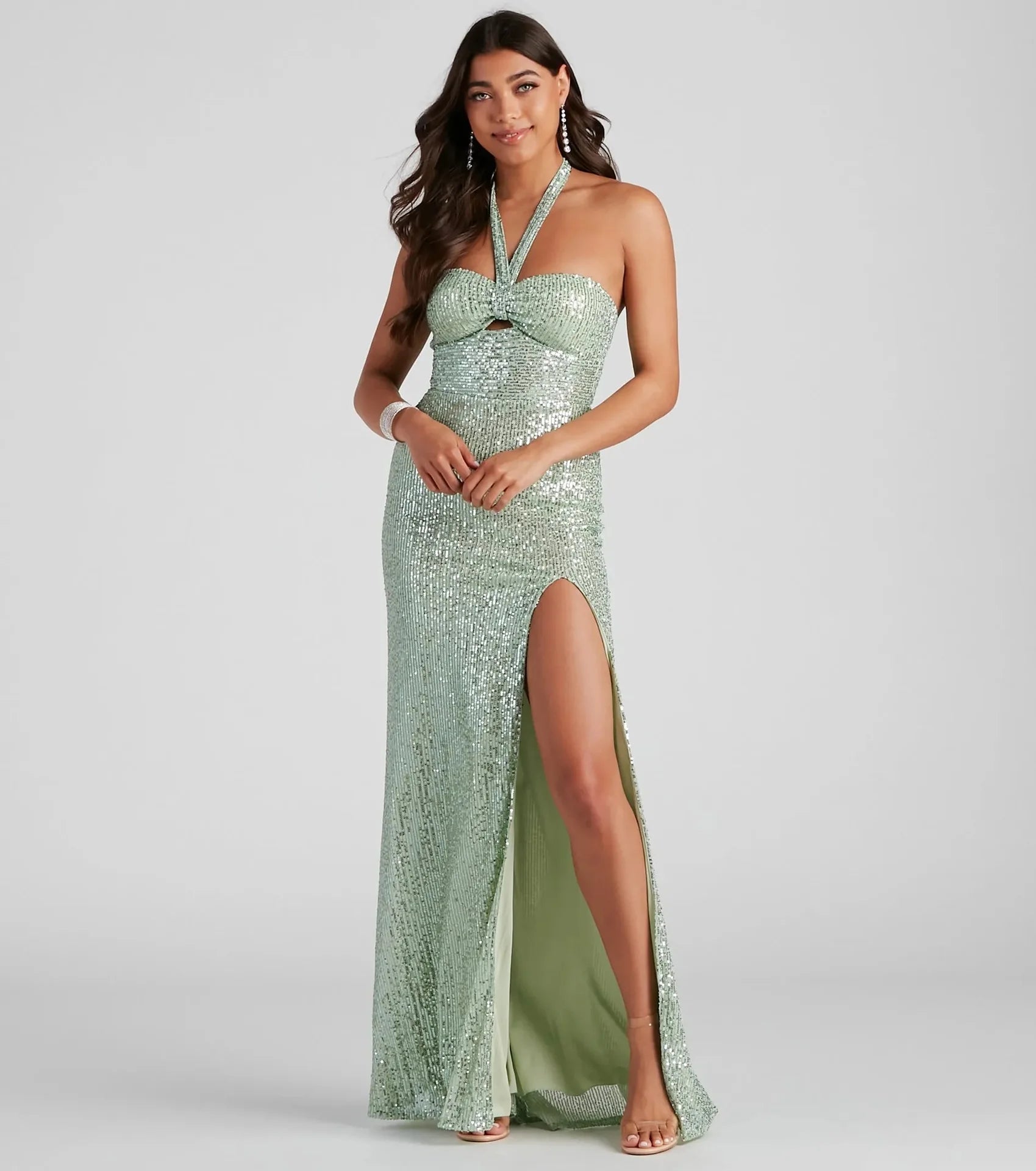 Dames Lange Avondjurk Sequin Halter Nek met Hoge Split 0