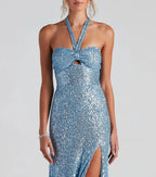 Dames Lange Avondjurk Sequin Halter Nek met Hoge Split 4