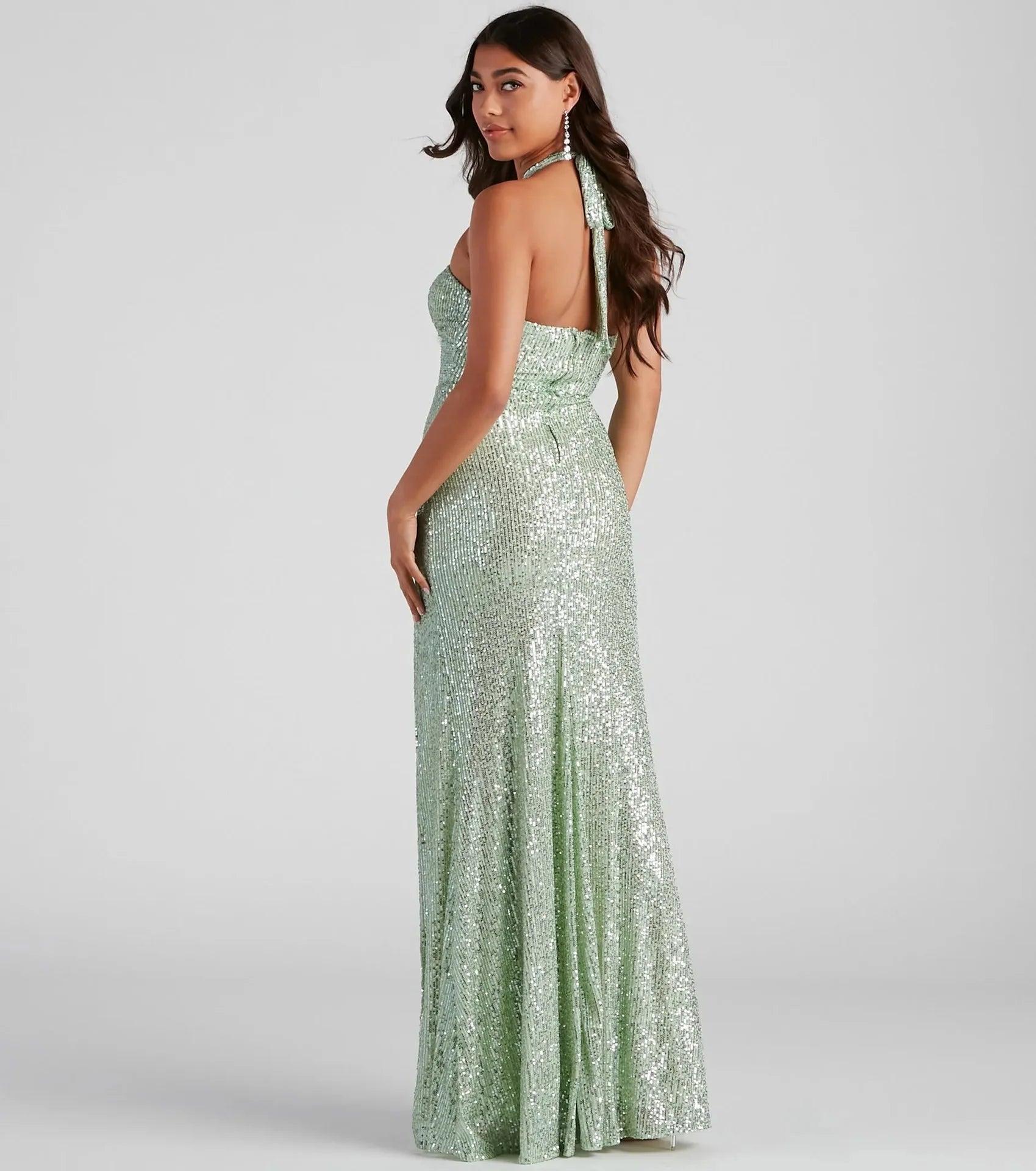 Dames Lange Avondjurk Sequin Halter Nek met Hoge Split 5