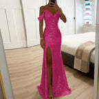 Dames Lange Avondjurk Sequin Off-Shoulder V-Hals 0