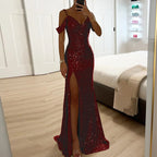 Dames Lange Avondjurk Sequin Off-Shoulder V-Hals 1