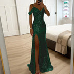 Dames Lange Avondjurk Sequin Off-Shoulder V-Hals 2