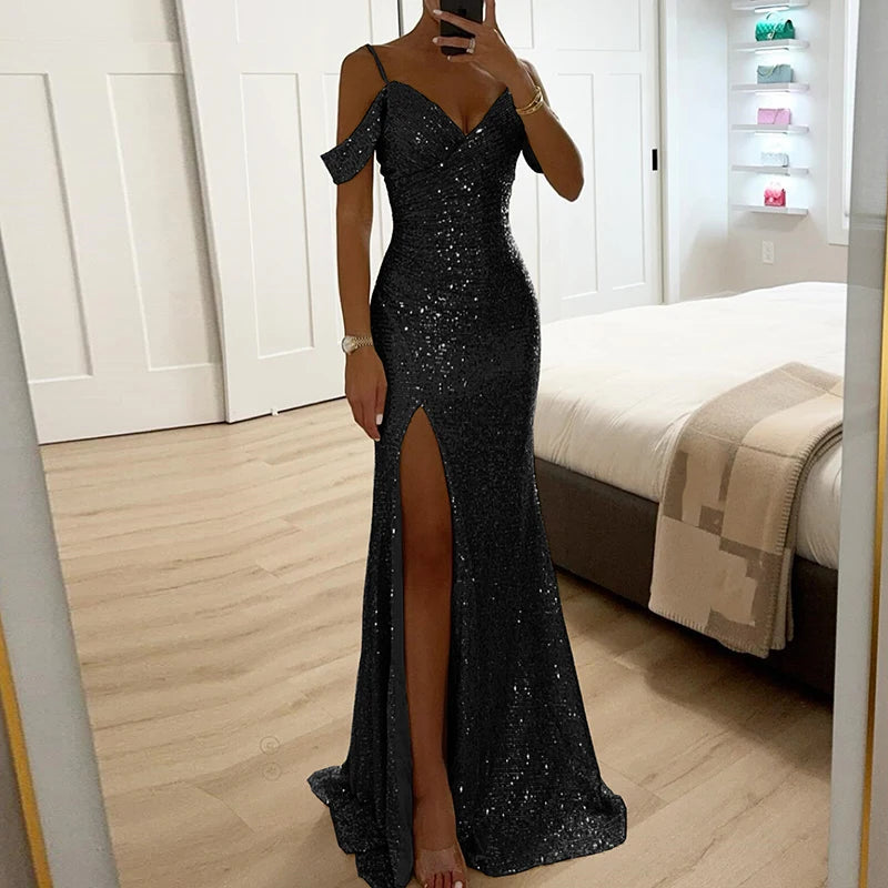 Dames Lange Avondjurk Sequin Off-Shoulder V-Hals 4