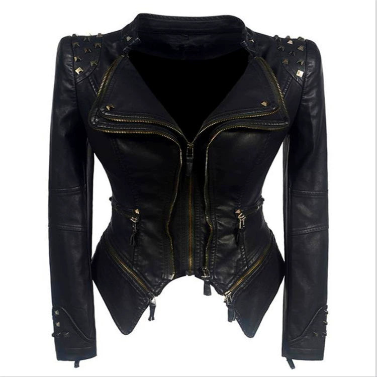 Dames Leren Motorjack Zwart met Ritsdetails 0