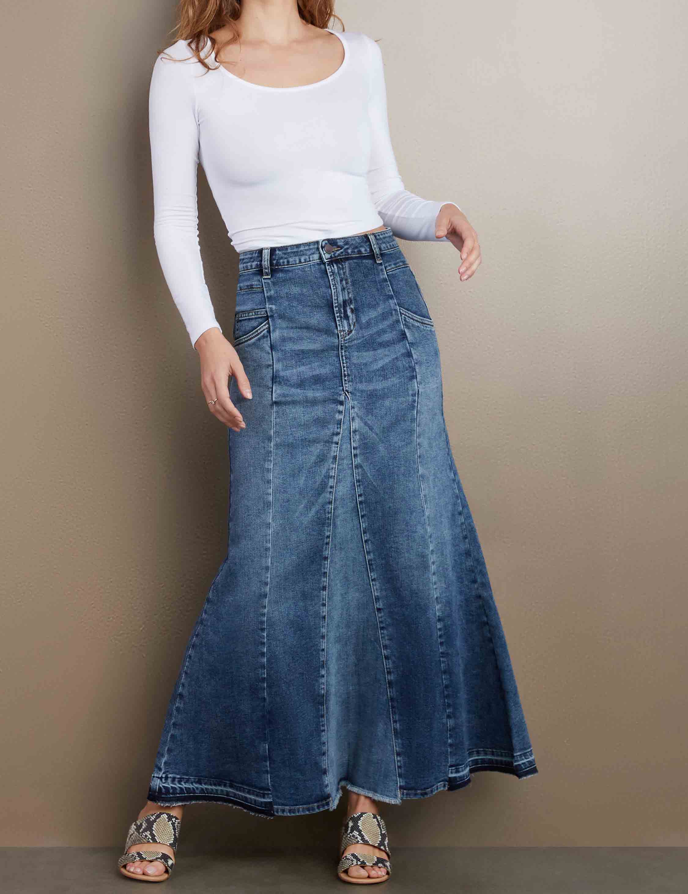 Dames Maxi Rok A-Lijn Stretch Denim 4