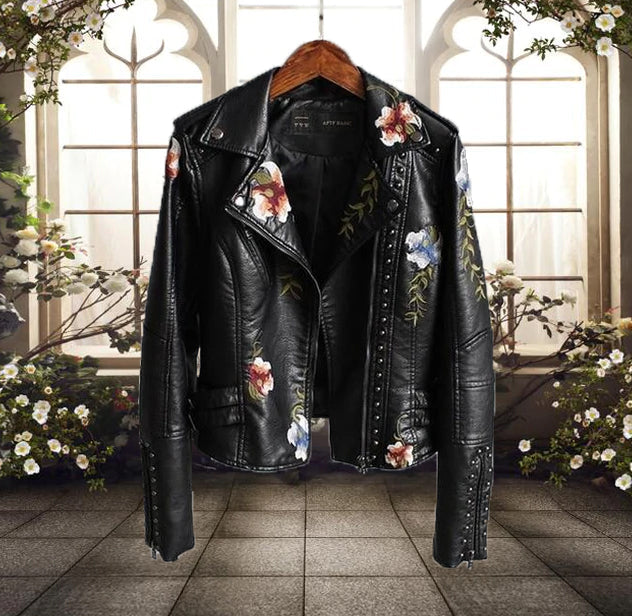 Dames Motorjack met Bloemenprint Kunstleer 0