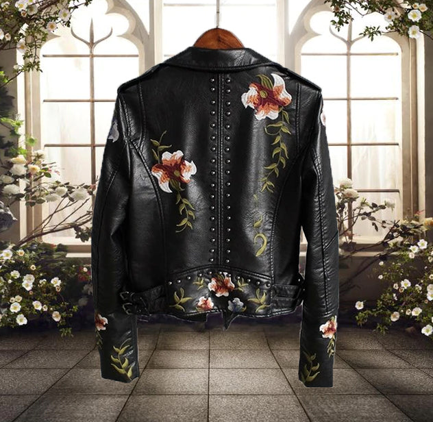 Dames Motorjack met Bloemenprint Kunstleer 1