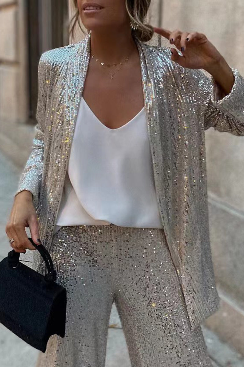 Dames Pak 2 Delig Pailletten Tailored Blazer & Hoge Taille Broek 2