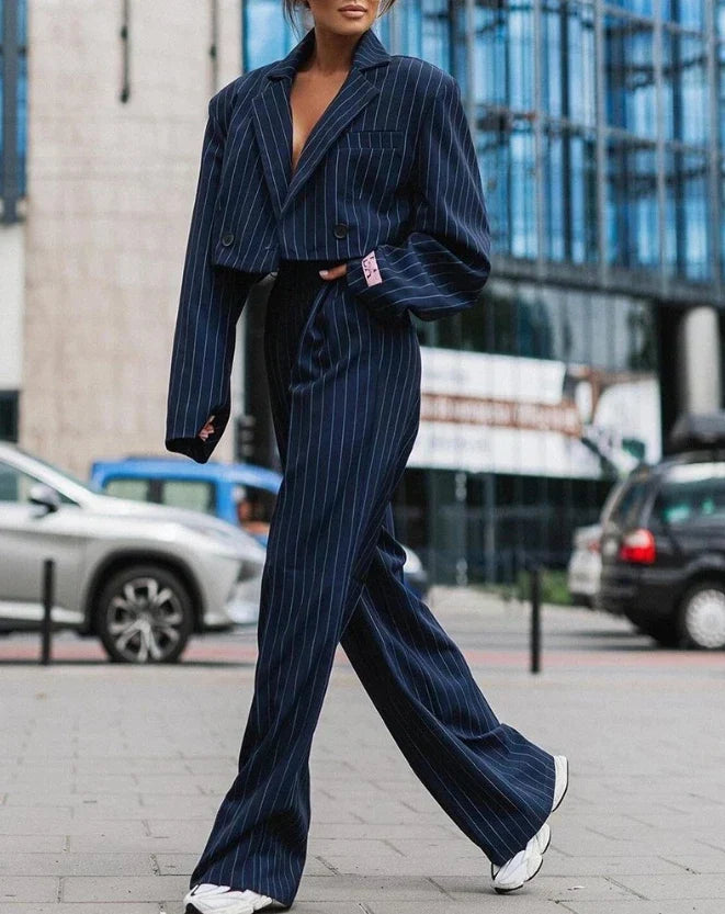 Dames Pak Geweven Stof Pinstripe 2 Delig Set 1