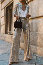 Dames Pak Sequined Blazer en Hoge Taille Wijde Pantalon 0