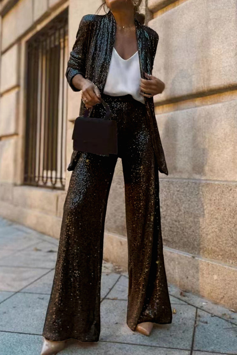 Dames Pak Sequined Blazer en Hoge Taille Wijde Pantalon 1