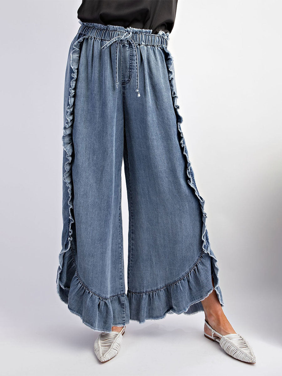 Dames Pantalon Denim Met Riem en Brede Pijpen 0