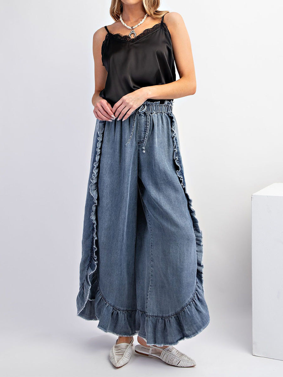 Dames Pantalon Denim Met Riem en Brede Pijpen 1