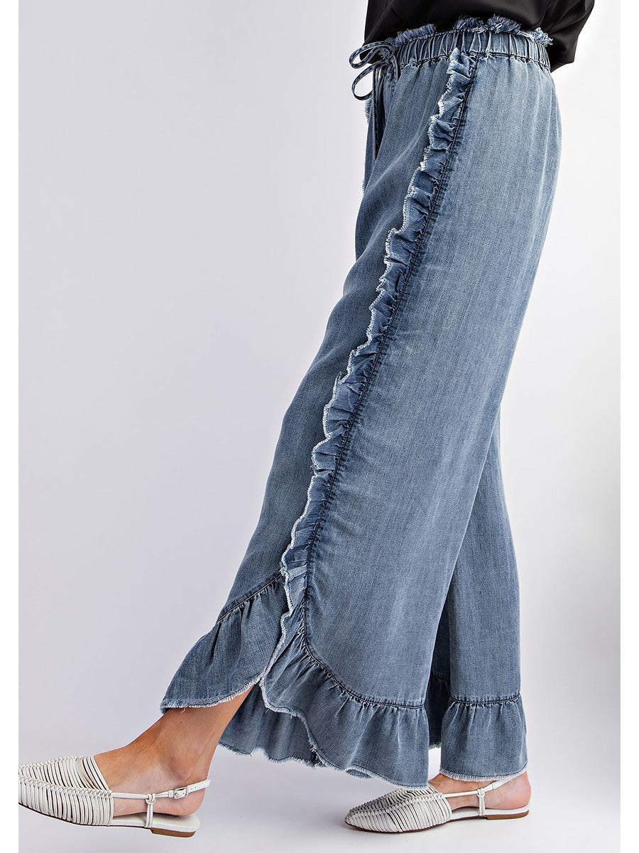 Dames Pantalon Denim Met Riem en Brede Pijpen 2