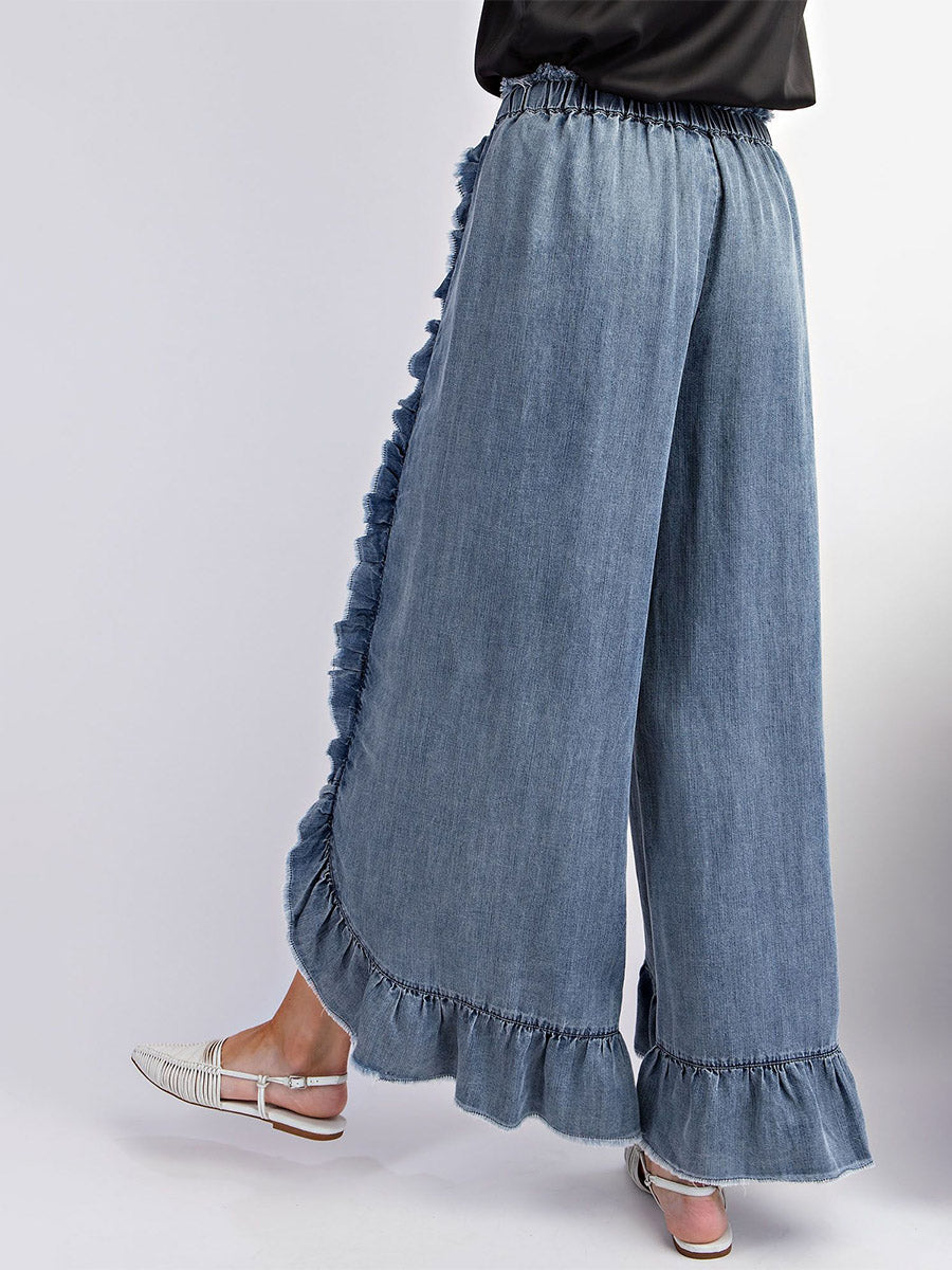 Dames Pantalon Denim Met Riem en Brede Pijpen 3
