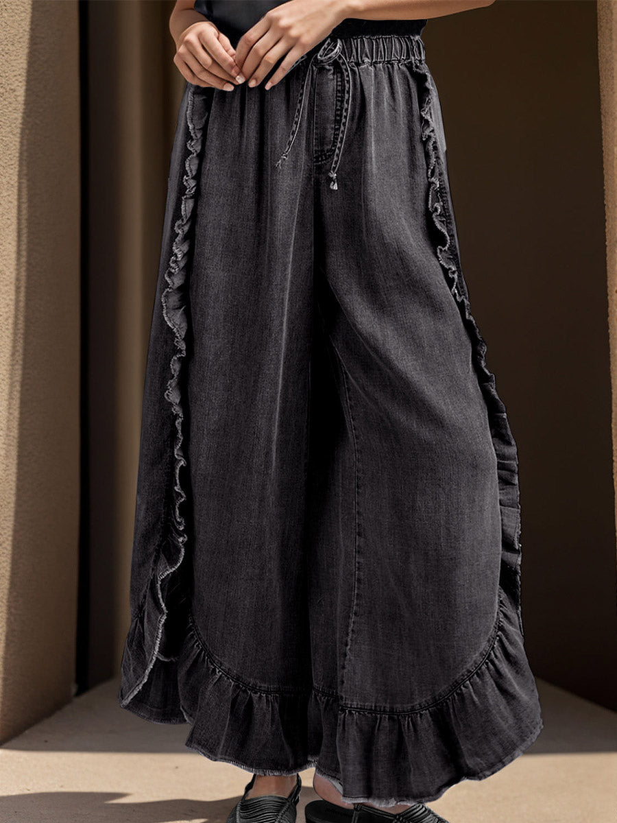 Dames Pantalon Denim Met Riem en Brede Pijpen 4