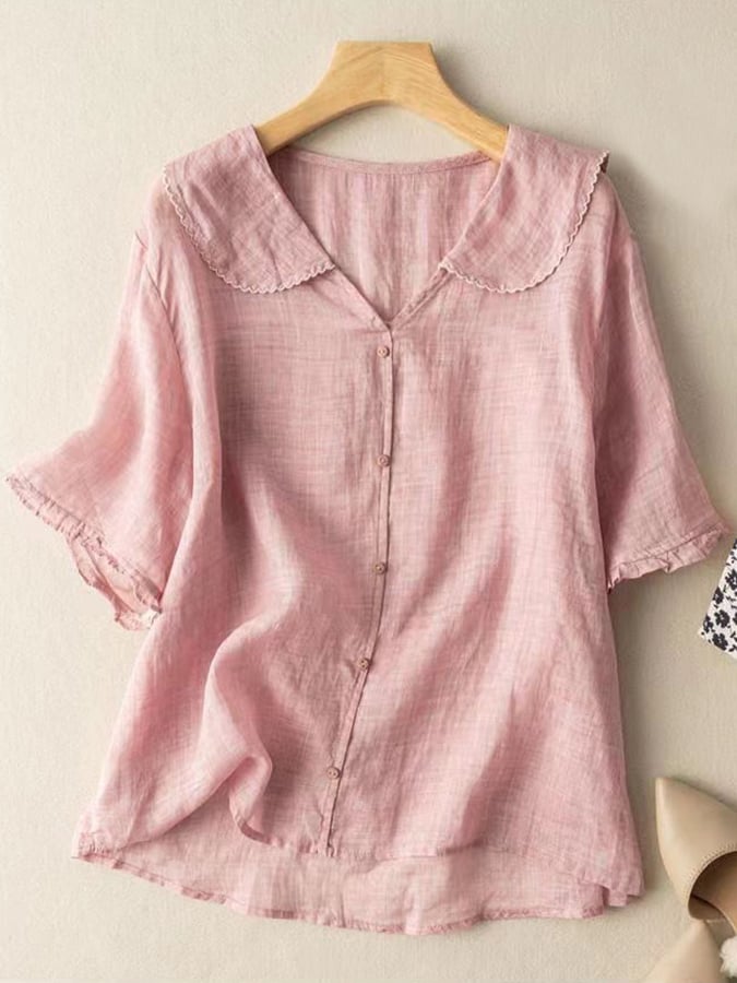 Dames Shirt Katoen en Linnen met Korte Mouwen 2