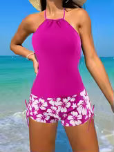 Dames Tankini Set Polyester Halter Nek Bloemenprint 1