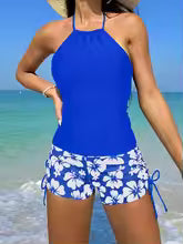 Dames Tankini Set Polyester Halter Nek Bloemenprint 2