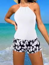 Dames Tankini Set Polyester Halter Nek Bloemenprint 3