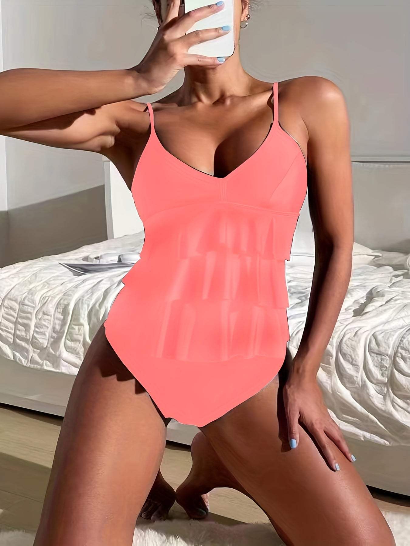 Dames Tankini met V-Hals en Verstelbare Bandjes - Ruffle Top 3