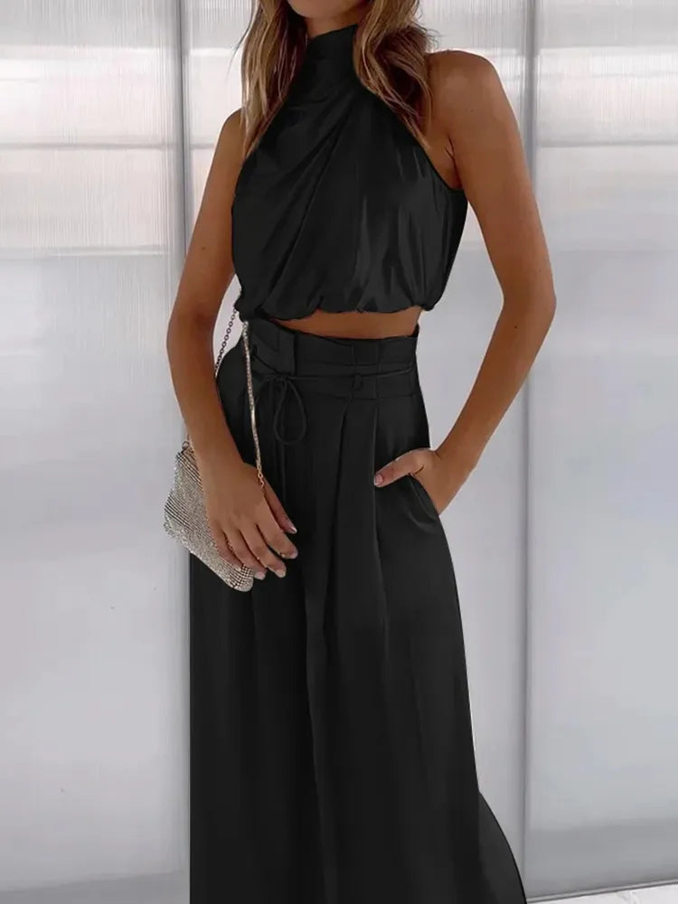 Dames Twee-Piece Set Katoenmix Sleeveloze Top Hoge Taille Broek 0