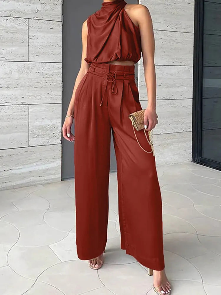 Dames Twee-Piece Set Katoenmix Sleeveloze Top Hoge Taille Broek 4