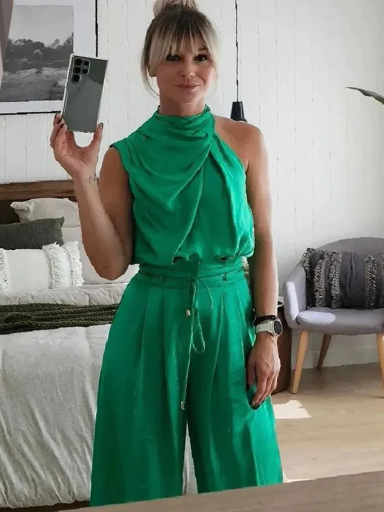 Dames Twee-Piece Set Katoenmix Sleeveloze Top Hoge Taille Broek 7