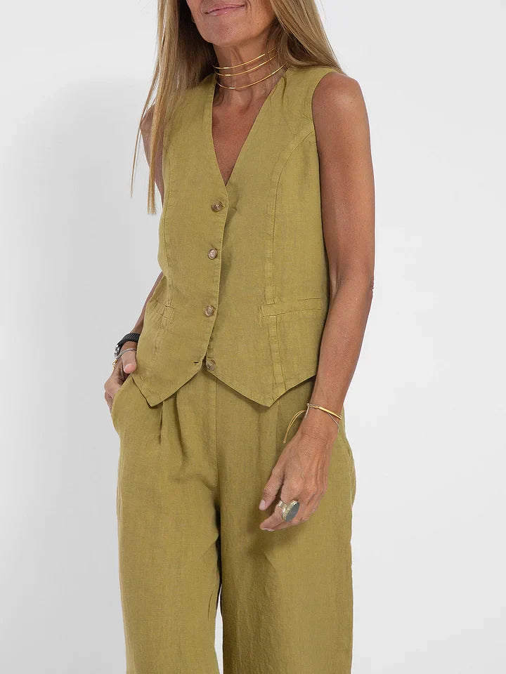 Dames Vest Lichtgewicht Linnen Fitted met V-hals 1