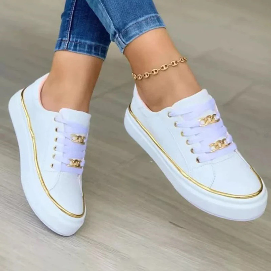 Dames Witte Sneakers met Gouden Accent – Comfortabele Casual Schoenen 1