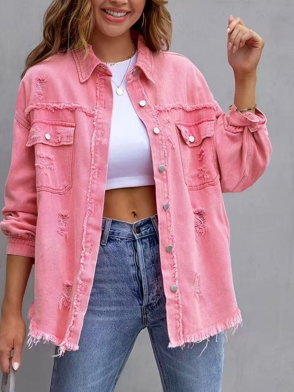 Dames Zomerjas Oversized Denim Middellange Pasvorm 4