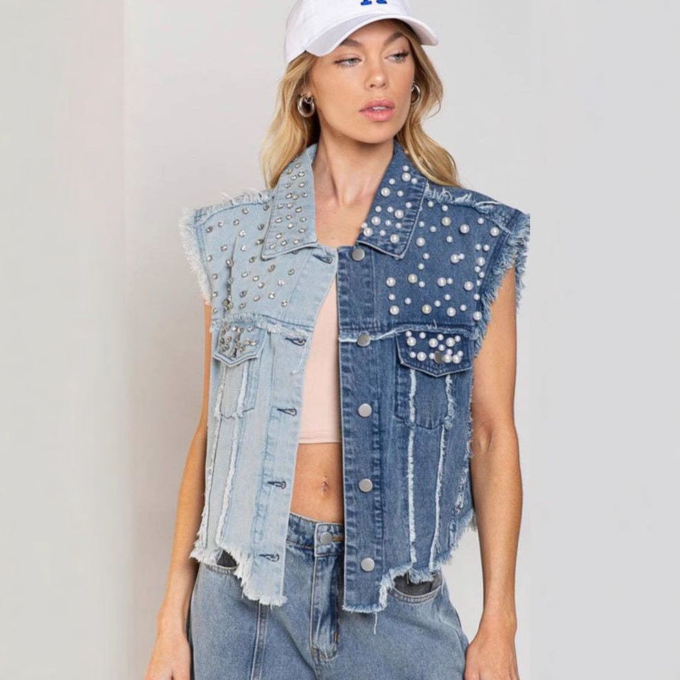 Dames denim vest – cropped fit – patchwork met studs – distressed mouwloos model 0
