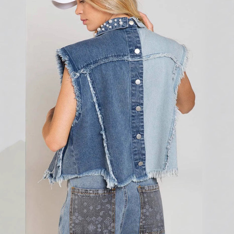 Dames denim vest – cropped fit – patchwork met studs – distressed mouwloos model 2